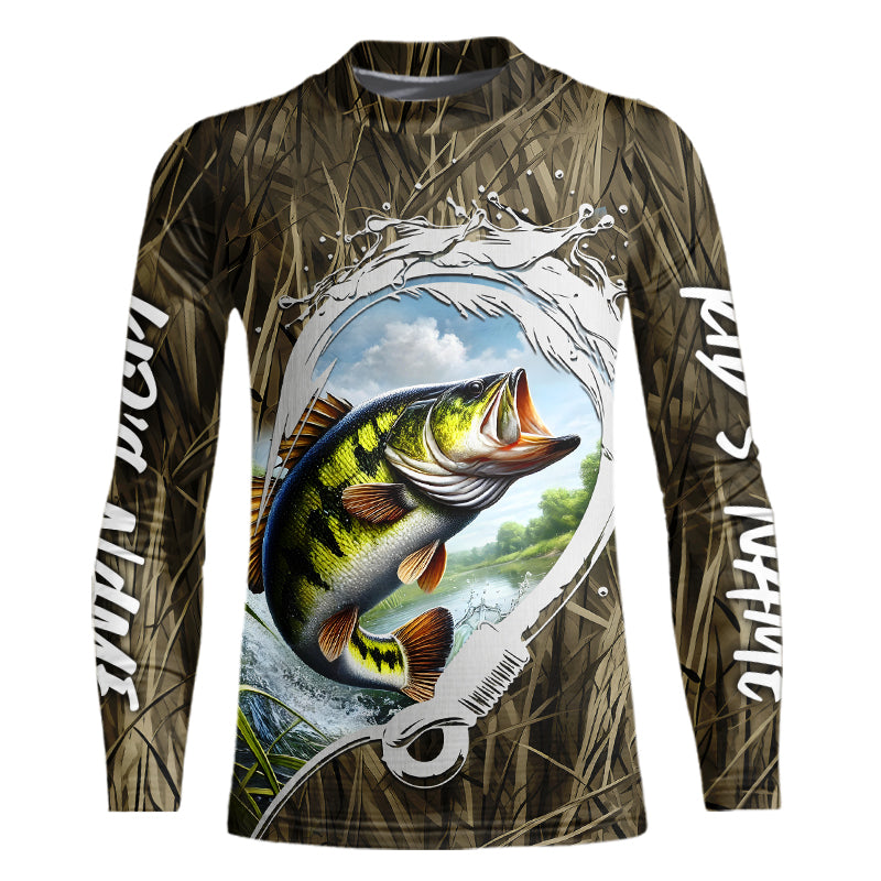 Custom Largemouth Bass Kid Long Sleeve Tournament Fishing Shirts, Camo Fish Hook Bass Fishing Jersey IPHW8150