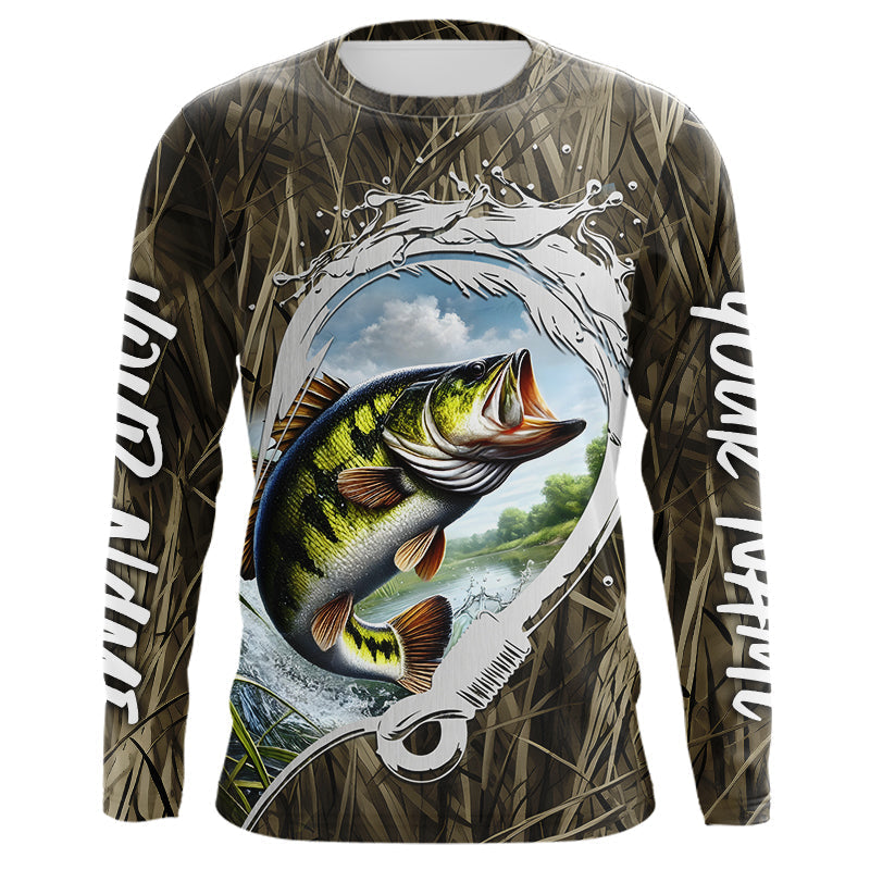 Custom Largemouth Bass Long Sleeve Tournament Fishing Shirts, Camo Fish Hook Bass Fishing Jerseys IPHW8150