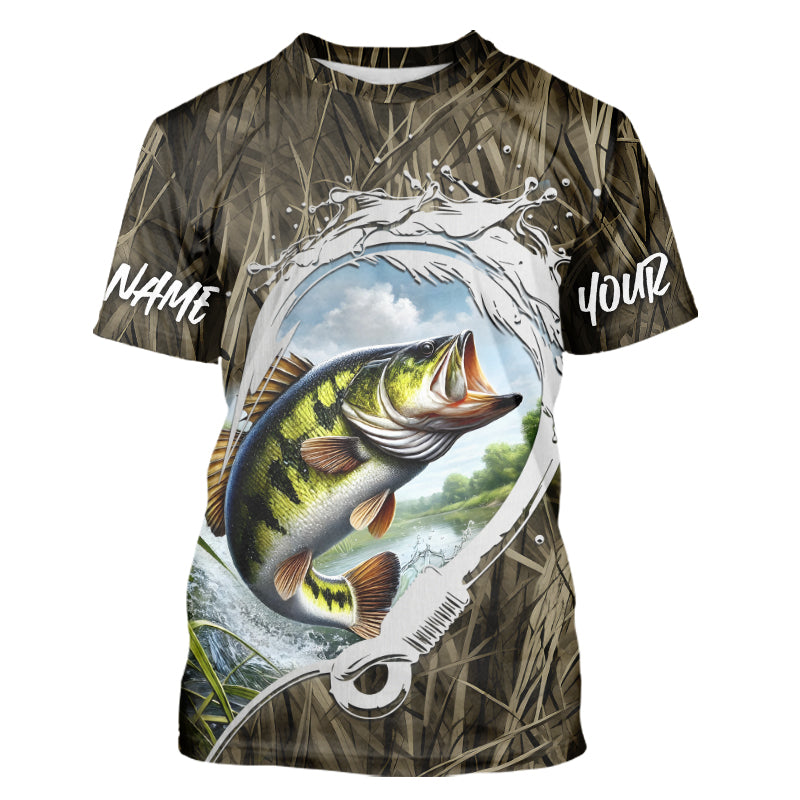 Custom Largemouth Bass Tournament Fishing T-Shirts, Camo Fish Hook Bass Fishing Jerseys IPHW8150