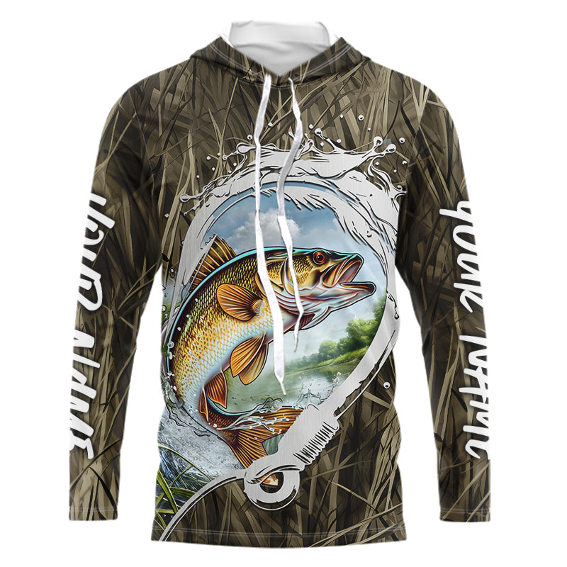 Custom Walleye Long Sleeve Hooded Tournament Fishing Shirts, Camo Fish Hook Walleye Fishing Jerseys IPHW8151