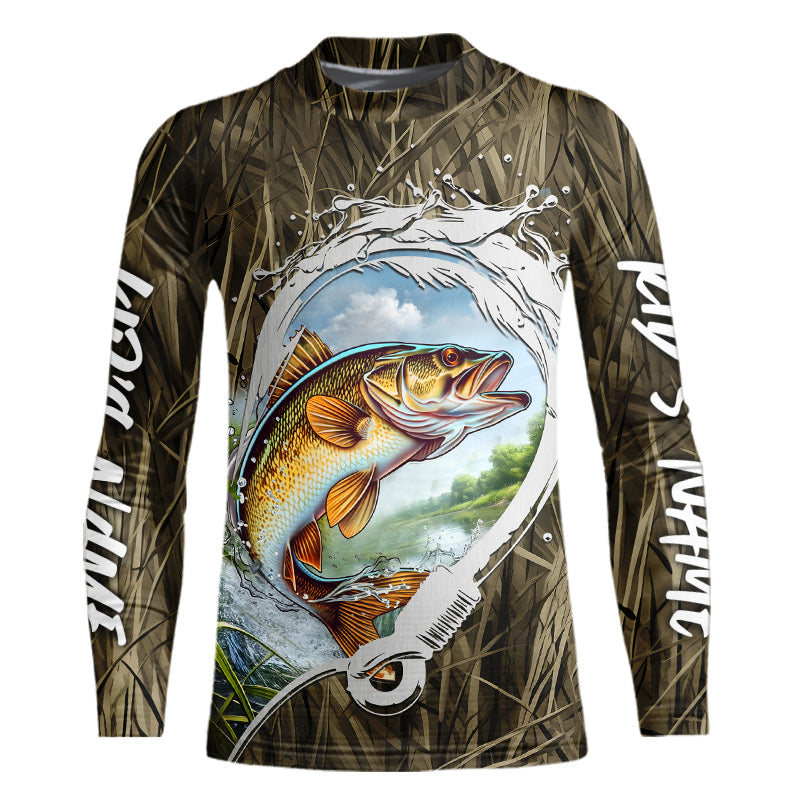 Custom Walleye Kid Long Sleeve Tournament Fishing Shirts, Camo Fish Hook Walleye Fishing Jerseys IPHW8151