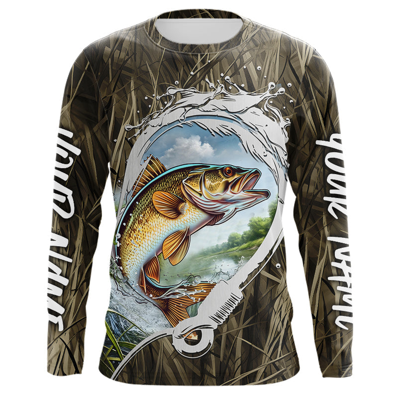 Custom Walleye Long Sleeve Tournament Fishing Shirts, Camo Fish Hook Walleye Fishing Jerseys IPHW8151