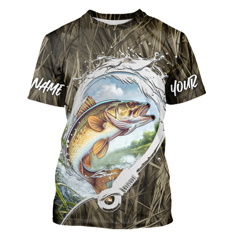 Custom Walleye Tournament Fishing T-Shirts, Camo Fish Hook Walleye Fishing Jerseys IPHW8151