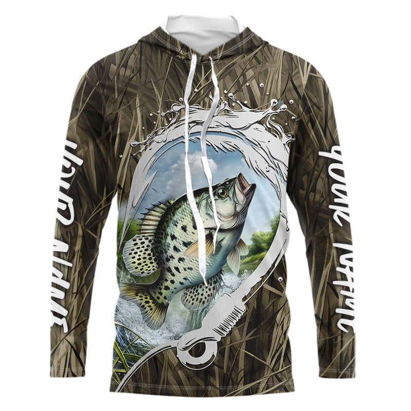 Custom Crappie Long Sleeve Hooded Tournament Fishing Shirts, Camo Fish Hook Crappie Fishing Jerseys IPHW8152