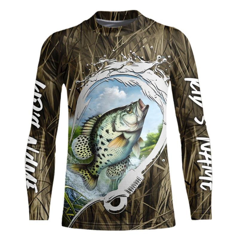 Custom Crappie Kid Long Sleeve Tournament Fishing Shirts, Camo Fish Hook Crappie Fishing Jerseys IPHW8152