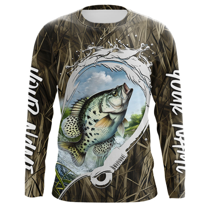 Custom Crappie Long Sleeve Tournament Fishing Shirts, Camo Fish Hook Crappie Fishing Jerseys IPHW8152