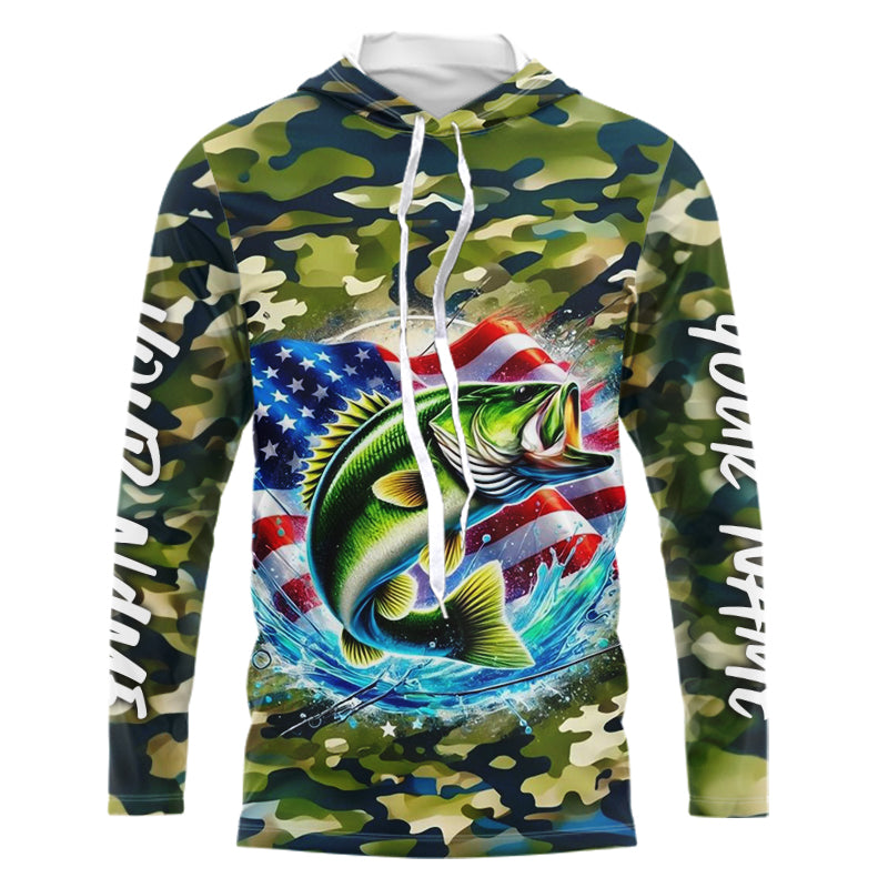 US Flag Largemouth Bass Fishing Camo Custom Patriotic Long Sleeve Hooded Tournament Fishing Shirts IPHW8161