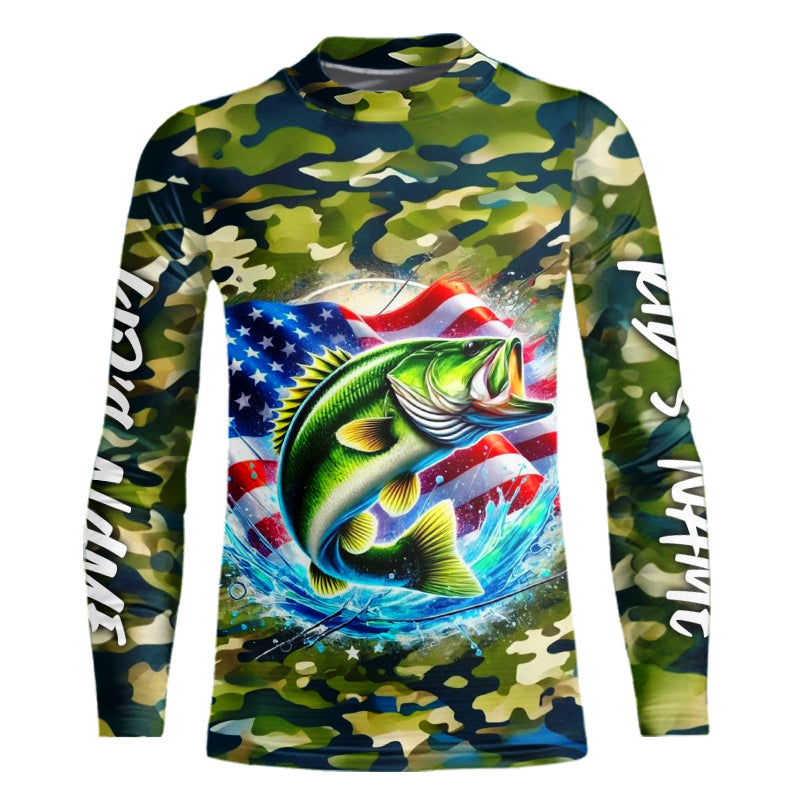 US Flag Largemouth Bass Fishing Camo Custom Patriotic Kid Long Sleeve Tournament Fishing Shirts IPHW8161