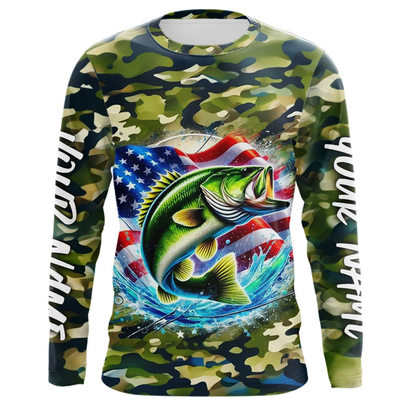 US Flag Largemouth Bass Fishing Camo Custom Patriotic Long Sleeve Tournament Fishing Shirts IPHW8161