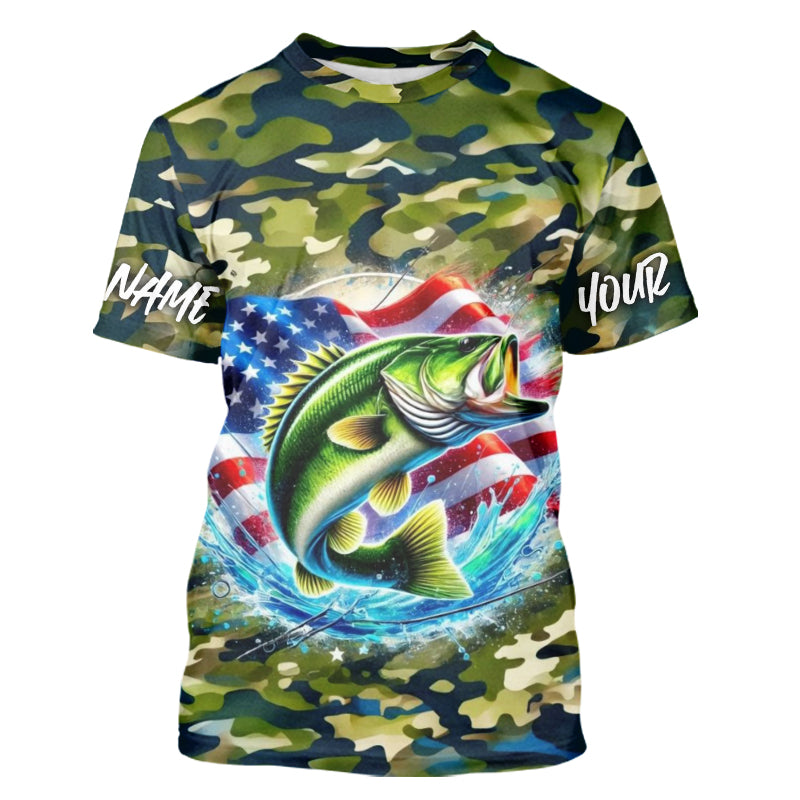 US Flag Largemouth Bass Fishing Camo Custom Patriotic Tournament Fishing T-Shirts IPHW8161