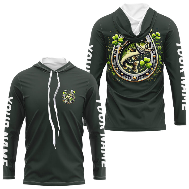 Custom St Patrick's Day Shamprock Largemouth Bass Long Sleeve Hooded Tournament Fishing Shirts IPHW8390