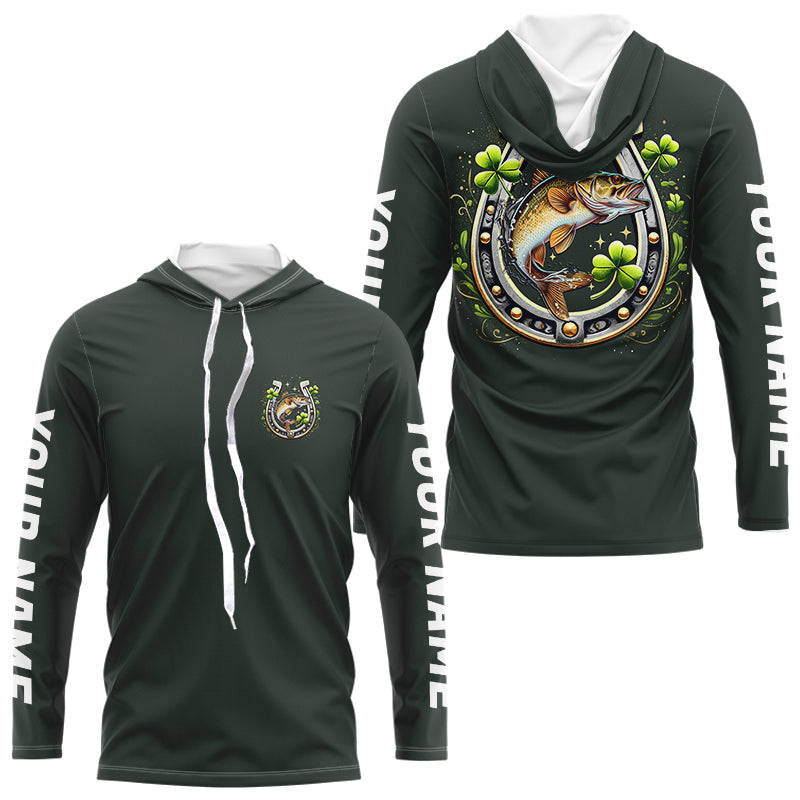 Custom St Patrick's Day Shamprock Walleye Long Sleeve Hooded Tournament Fishing Shirts IPHW8391