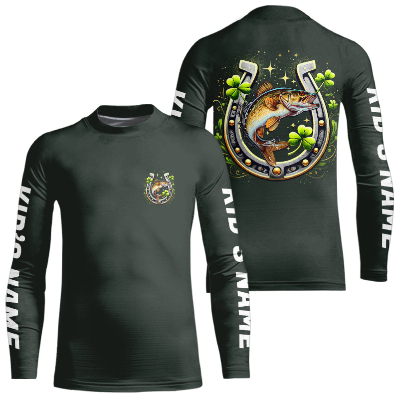 Custom St Patrick's Day Shamprock Walleye Kid Long Sleeve Tournament Fishing Shirts IPHW8391