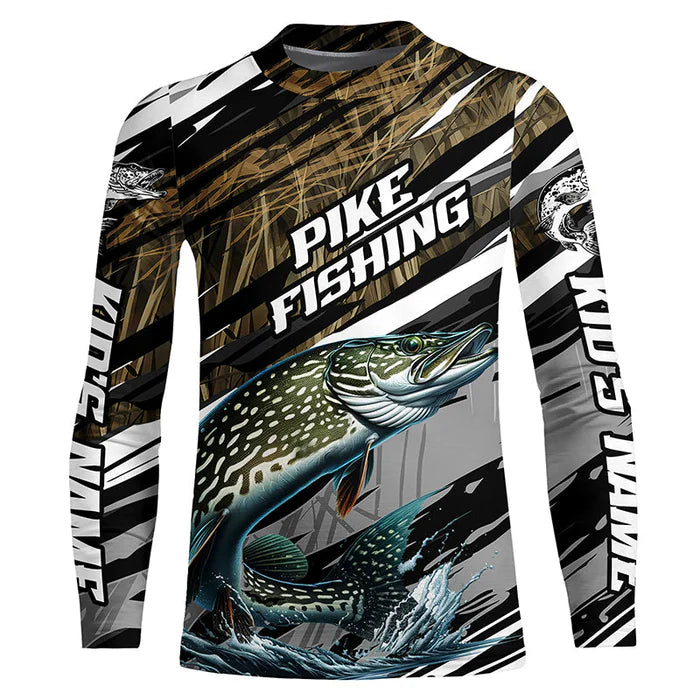 Pike Fishing Grass Camo Custom Kid Long Sleeve Shirts, Pike Uv Protection Tournament Fishing Jerseys IPHW6081
