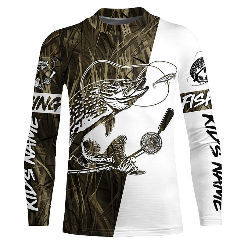 Custom Pike Fishing Tattoo Grass Camo Long Sleeve Tournament Fishing Shirts, Pike Fishing Jerseys IPHW6083