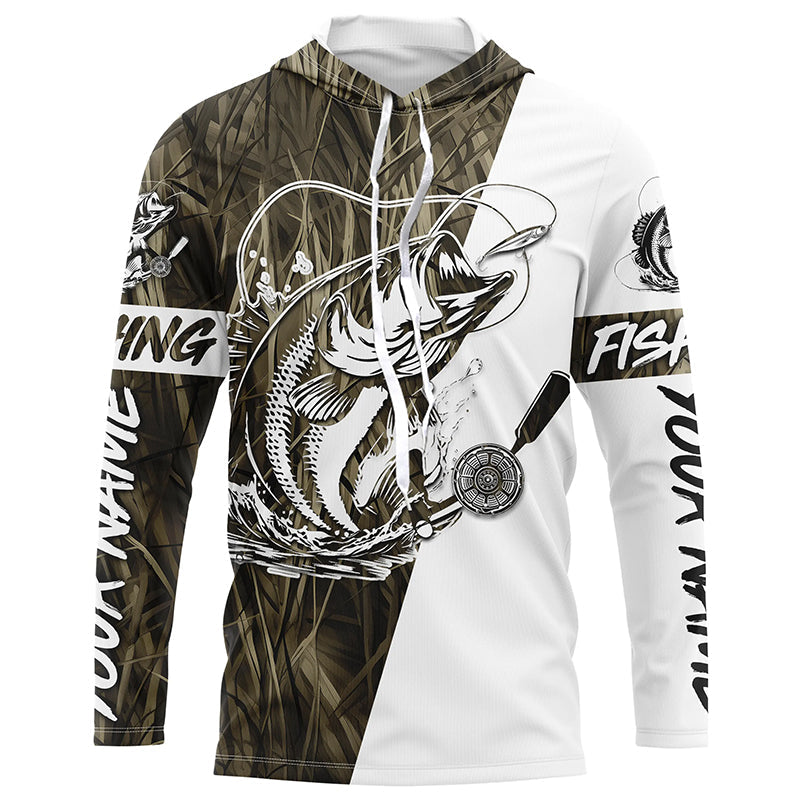 Custom Bass Fishing Tattoo Grass Camo Long Sleeve Tournament Fishing Shirts, Bass Fishing Jerseys IPHW6085