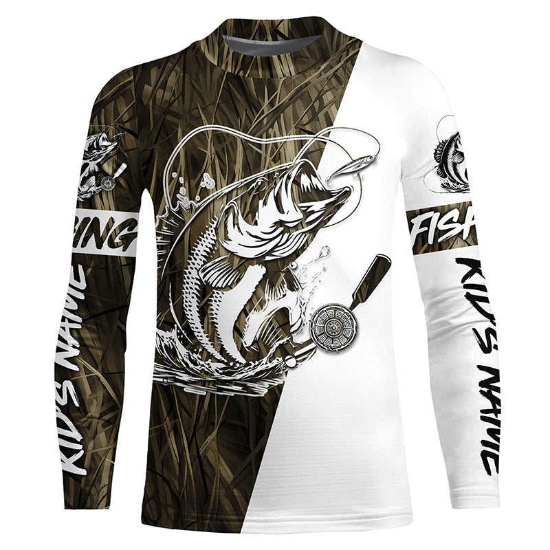 Custom Bass Fishing Tattoo Grass Camo Kid Long Sleeve Tournament Fishing Shirts, Bass Fishing Kid Jerseys IPHW6085
