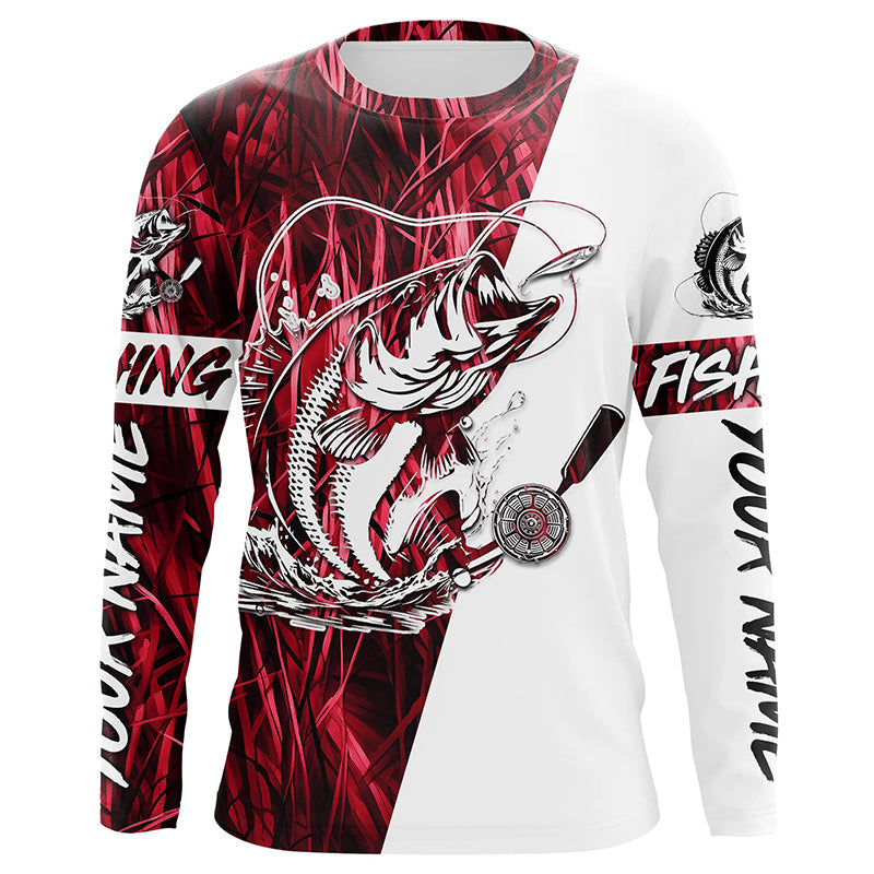 Custom Bass Fishing Tattoo Red Camo Long Sleeve Tournament Fishing Shirts, Bass Fishing Jerseys IPHW6086