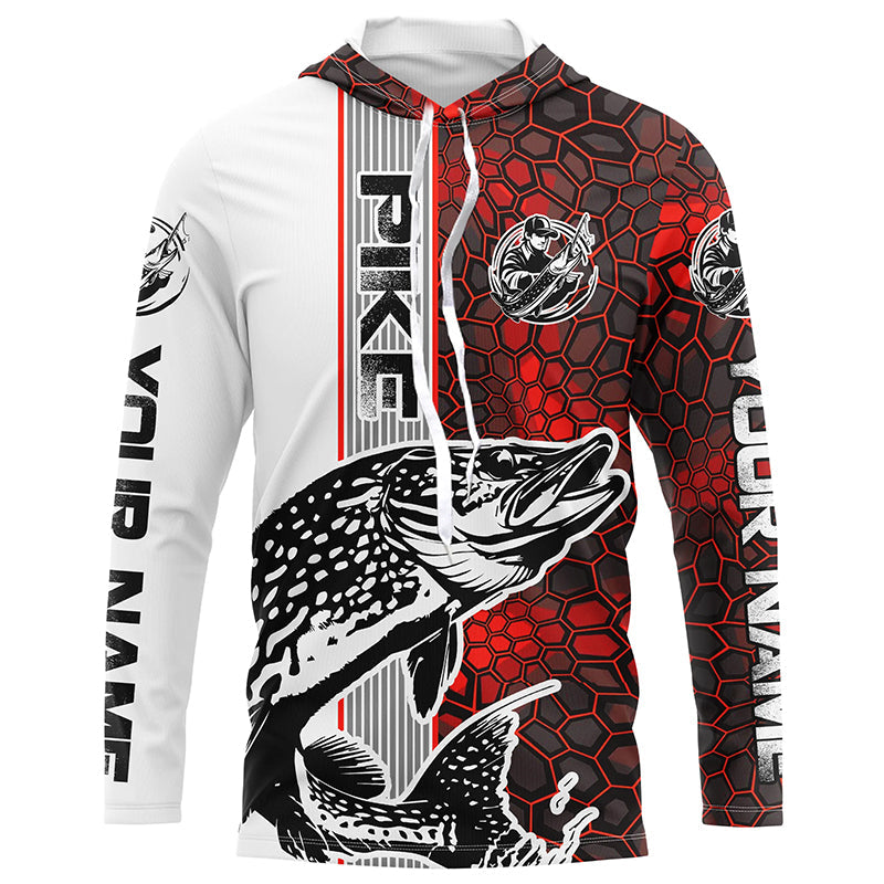 Pike Fishing Red Camo Long Sleeve Fishing Shirts With Custom Name, Pike 3D Fishing Shirts Jerseys IPHW6621