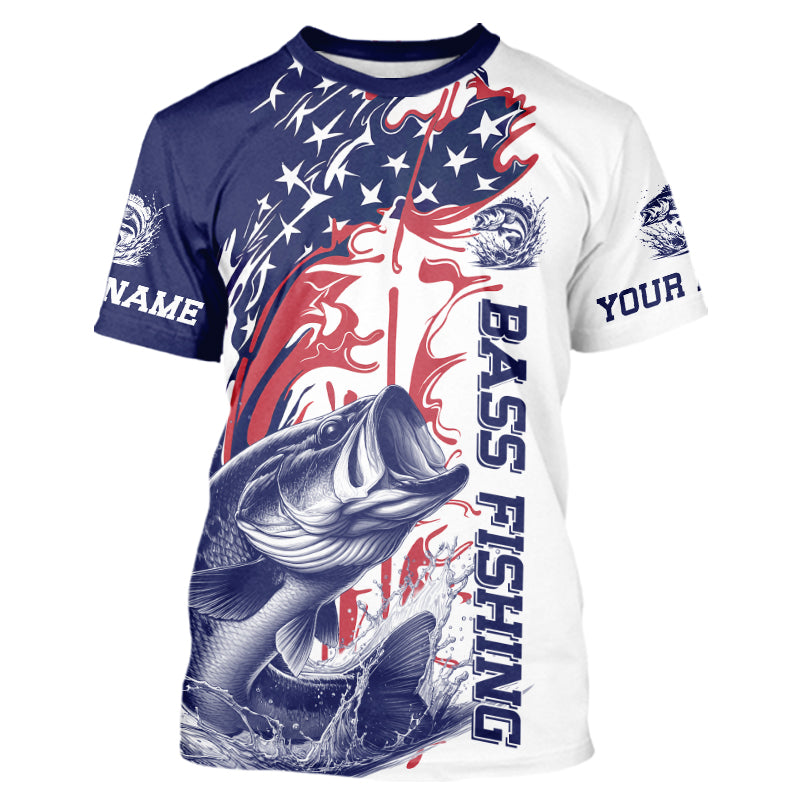 Custom Patriotic Largemouth Bass Fishing T-Shirts, Red White And Blue Fishing T-Shirt IPHW9129