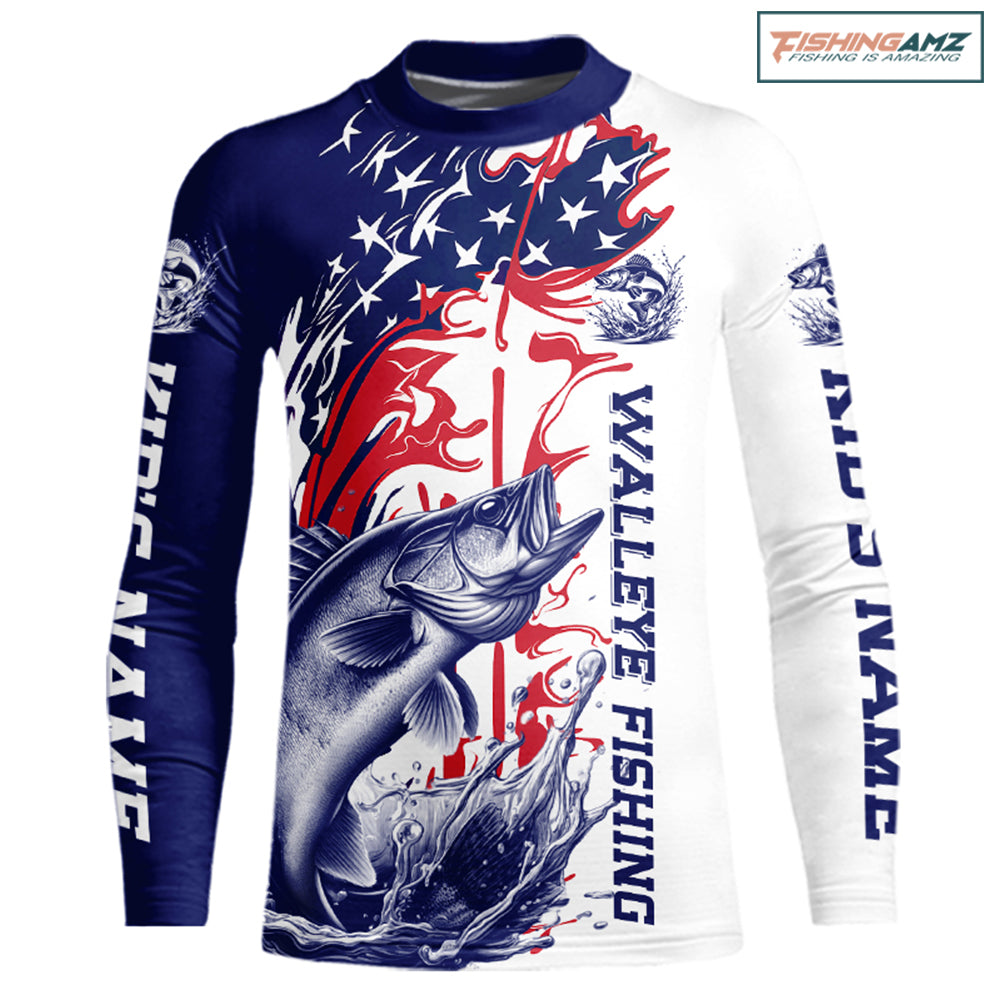 Custom Patriotic Walleye Kid Long Sleeve Fishing Shirts, Red White And Blue Fishing Shirt IPHW9130