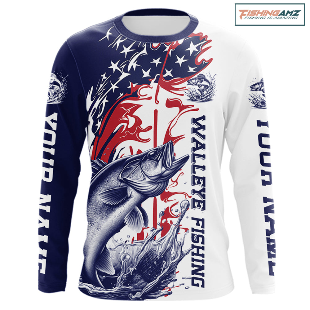 Custom Patriotic Walleye Long Sleeve Fishing Shirts, Red White And Blue Fishing Shirt IPHW9130