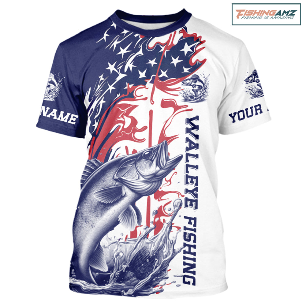 Custom Patriotic Walleye Fishing T-Shirts, Red White And Blue Fishing T-Shirt IPHW9130