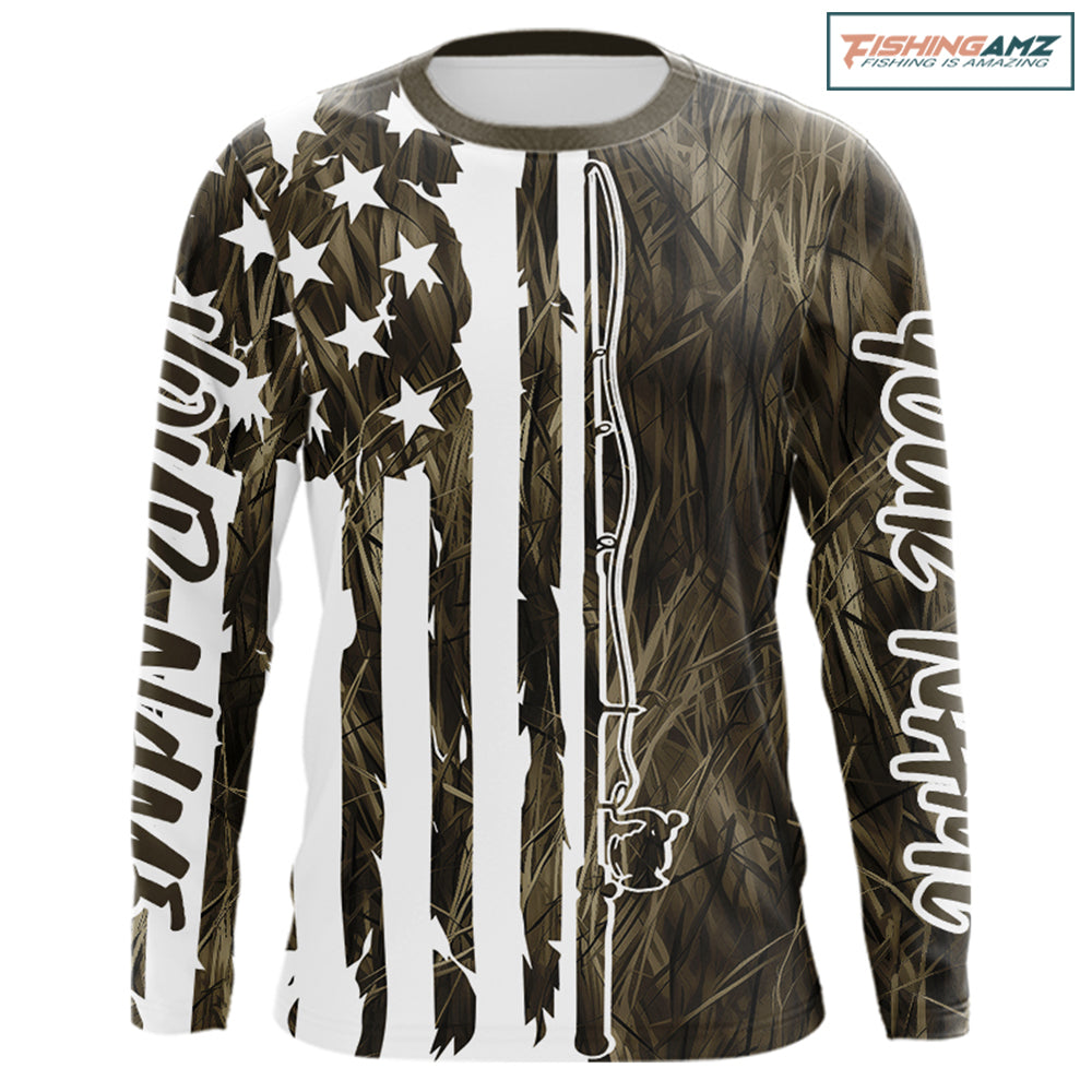 Custom US Fishing Rod Grass Camo Patriotic Long Sleeve Fishing Shirts IPHW9135