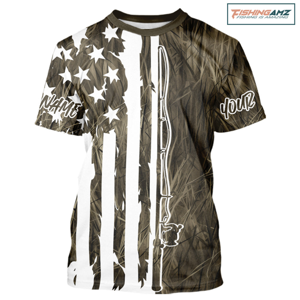 Custom US Fishing Rod Grass Camo Patriotic Fishing T-Shirts IPHW9135