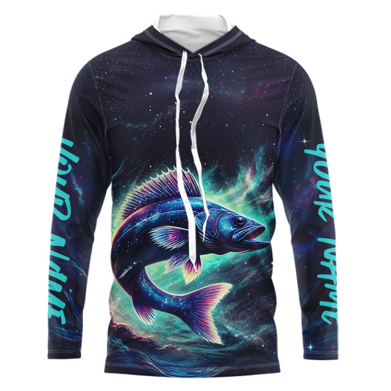 Custom Galaxy Walleye Long Sleeve Hooded Performance Fishing Shirts For Men IPHW8169