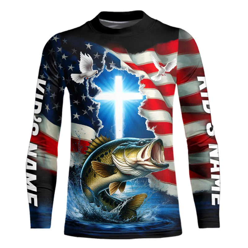 Custom Faith Largemouth Bass Patriotic Kid Long Sleeve Tournament Fishing Shirt, US Fishing Jerseys IPHW8176