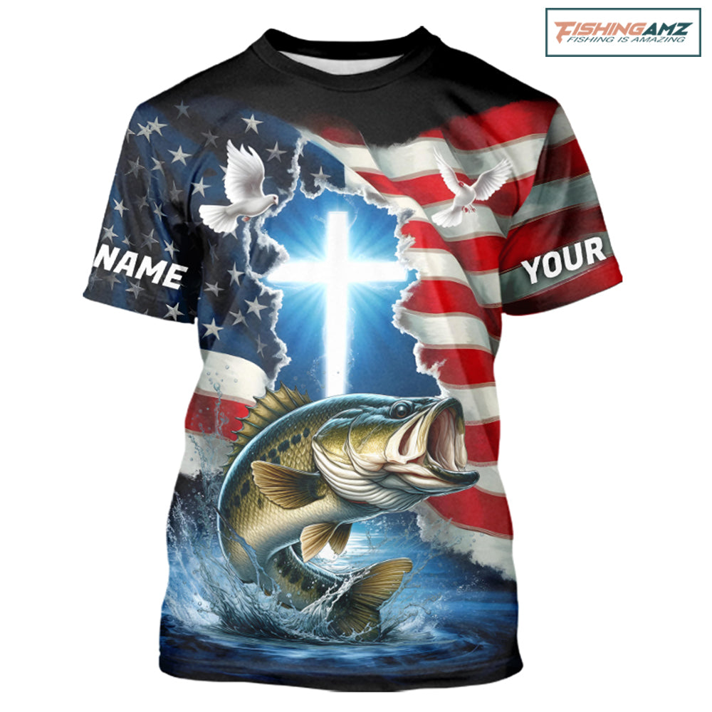 Custom Faith Largemouth Bass Patriotic Fishing T-Shirts, US Fishing Jerseys IPHW8176