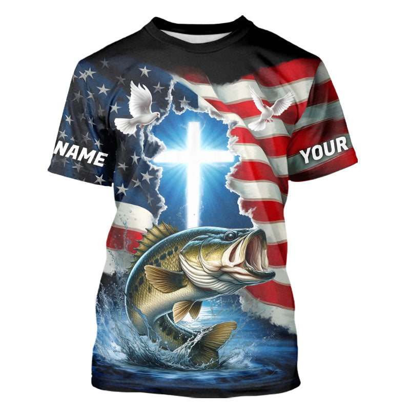 Custom Faith Largemouth Bass Patriotic Fishing T-Shirts, US Fishing Jerseys IPHW8176