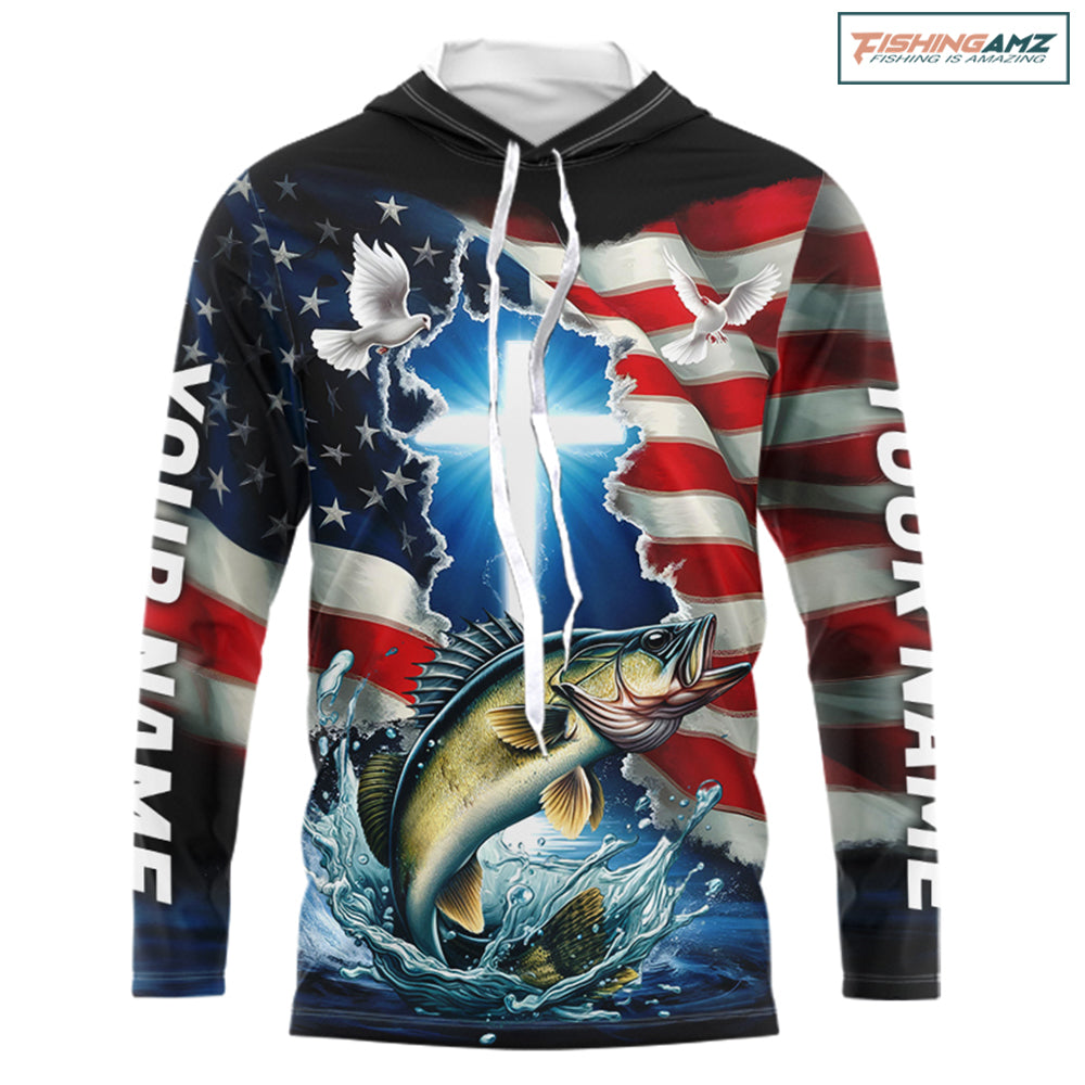 Custom Faith Walleye Patriotic Long Sleeve Hooded Tournament Fishing Shirt, US Fishing Jerseys IPHW8177