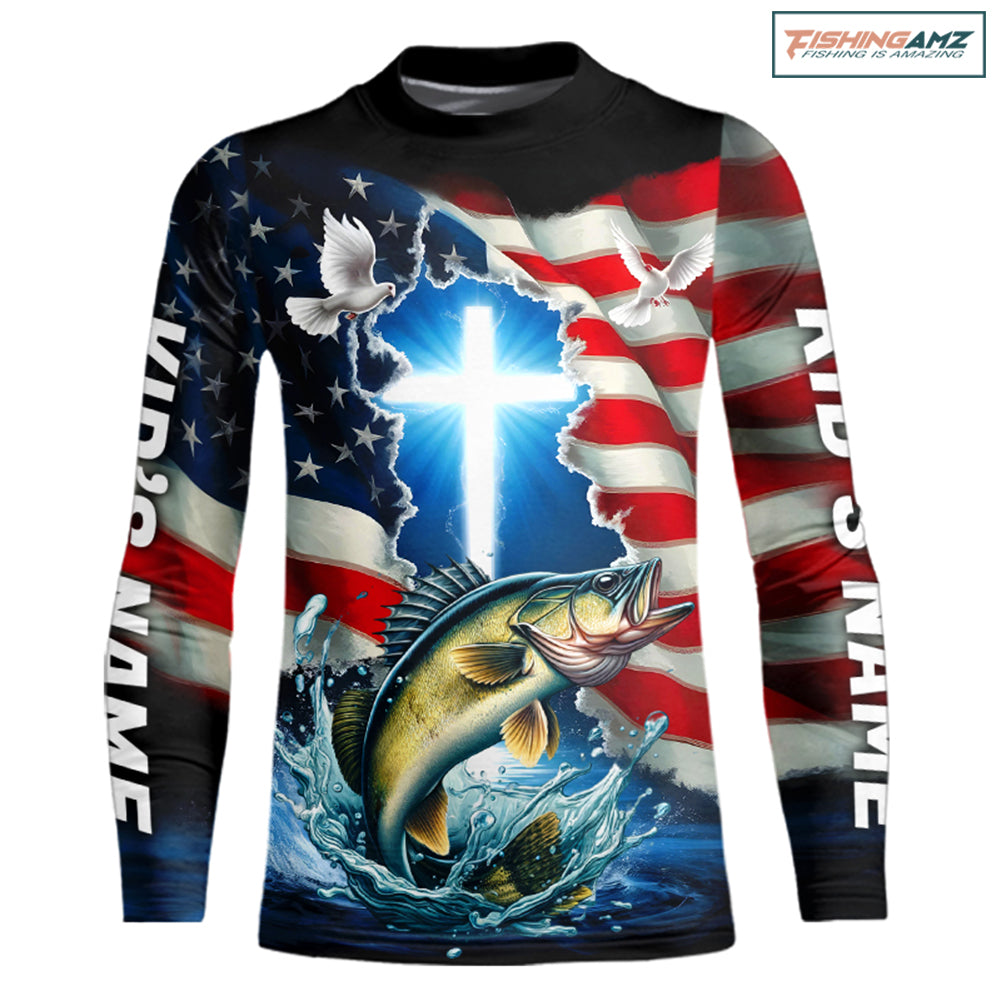 Custom Faith Walleye Patriotic Kid Long Sleeve Tournament Fishing Shirt, US Fishing Jerseys IPHW8177