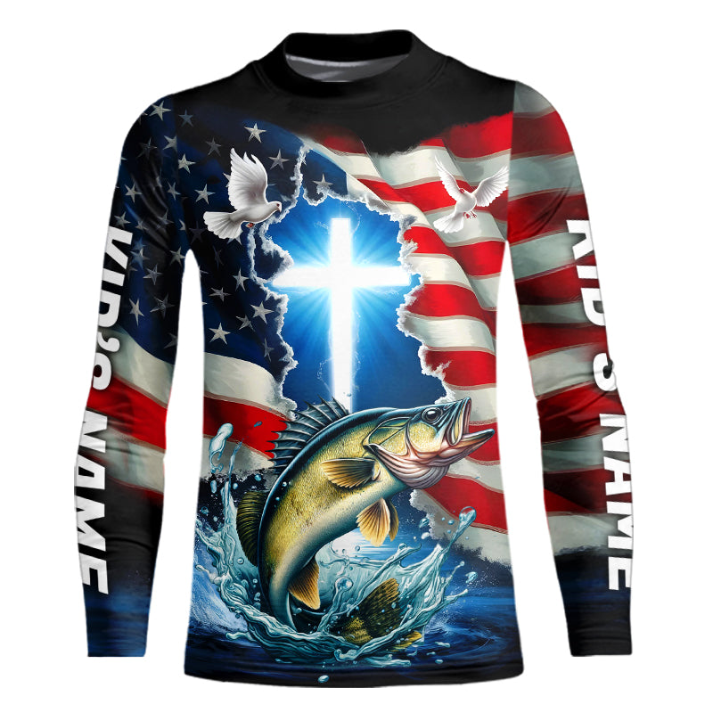 Custom Faith Walleye Patriotic Kid Long Sleeve Tournament Fishing Shirt, US Fishing Jerseys IPHW8177