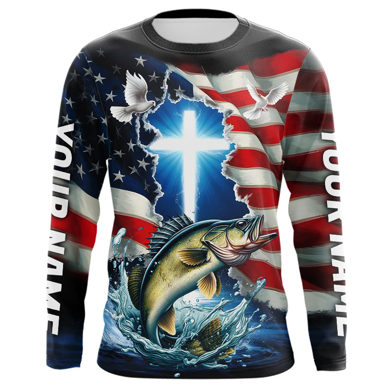 Custom Faith Walleye Patriotic Long Sleeve Tournament Fishing Shirt, US Fishing Jerseys IPHW8177