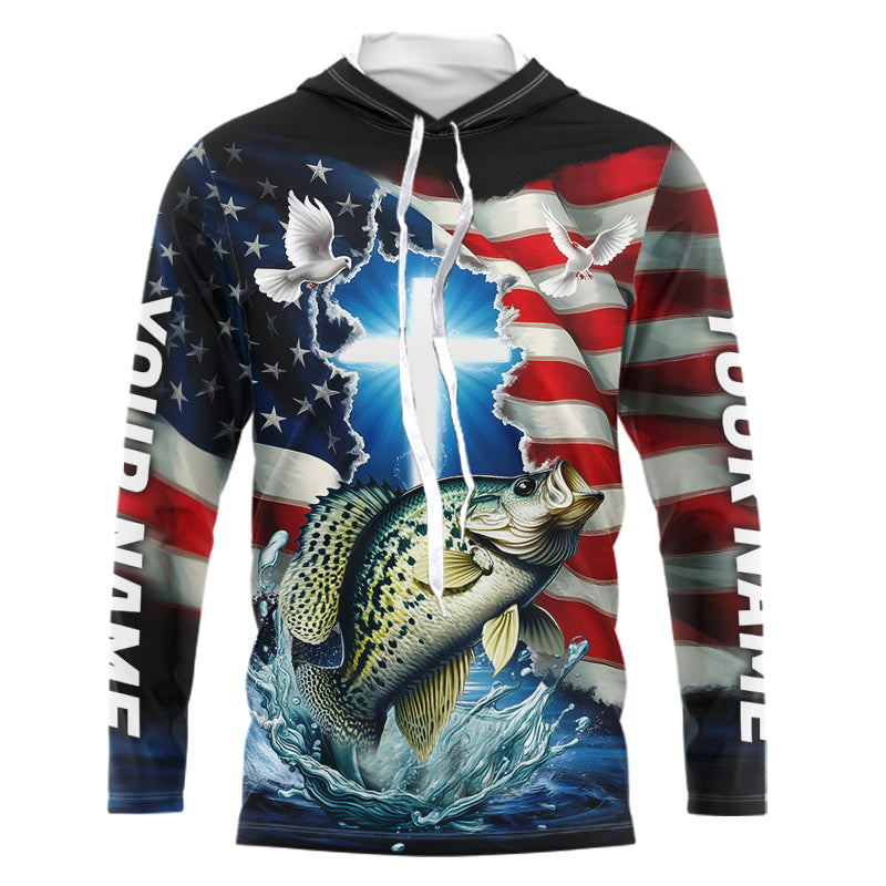 Custom Faith Crappie Patriotic Long Sleeve Hooded Tournament Fishing Shirt, US Fishing Jerseys IPHW8178