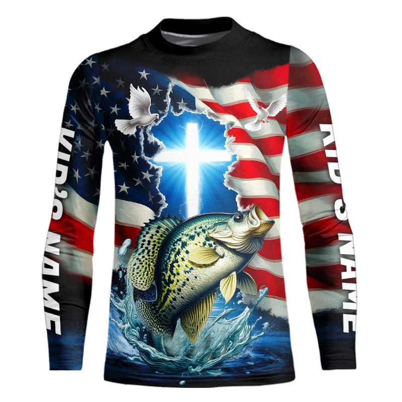 Custom Faith Crappie Patriotic Kid Long Sleeve Tournament Fishing Shirt, US Fishing Jerseys IPHW8178