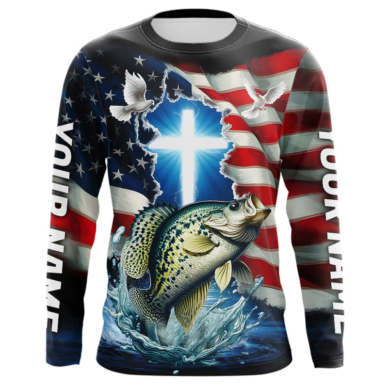 Custom Faith Crappie Patriotic Long Sleeve Tournament Fishing Shirt, US Fishing Jerseys IPHW8178