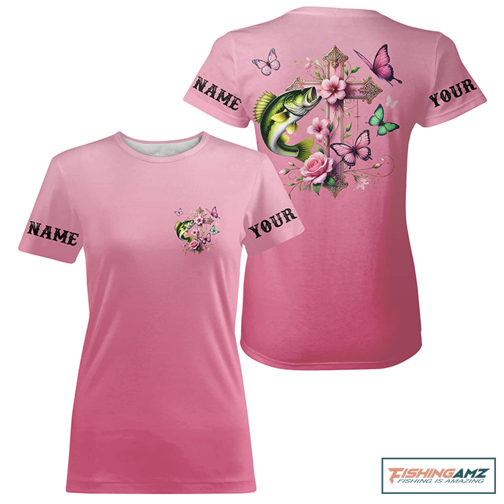Pink Flower And Butterflies Custom Faith Largemouth Bass Fishing T-Shirts For Women IPHW8182