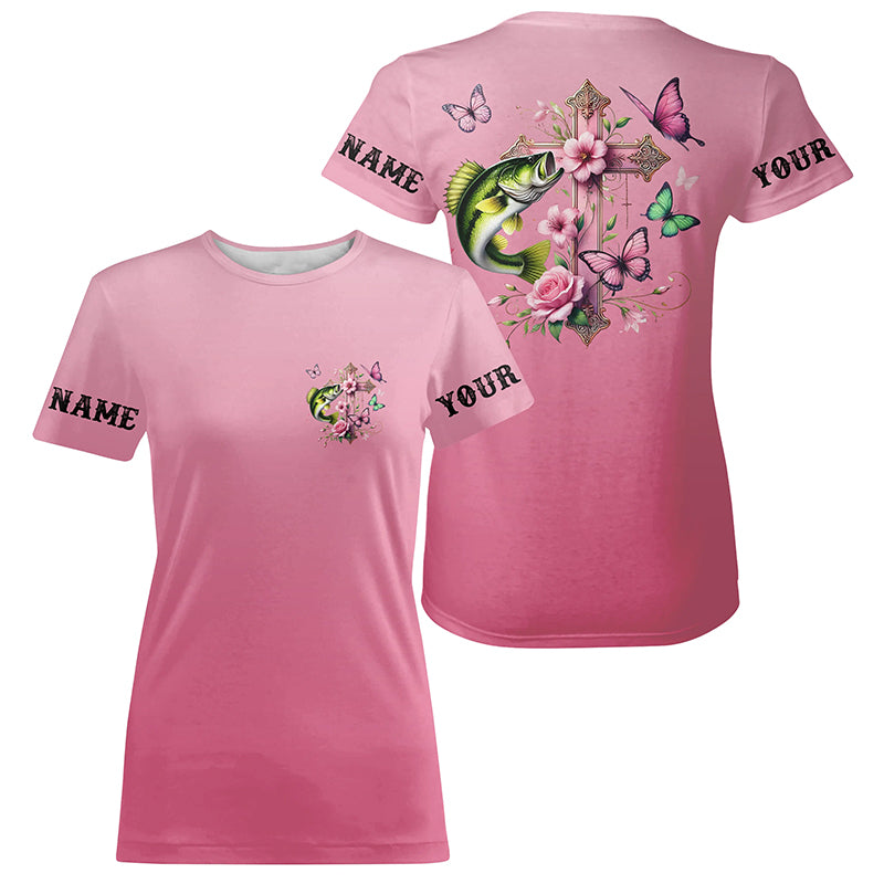 Pink Flower And Butterflies Custom Faith Largemouth Bass Fishing T-Shirts For Women IPHW8182