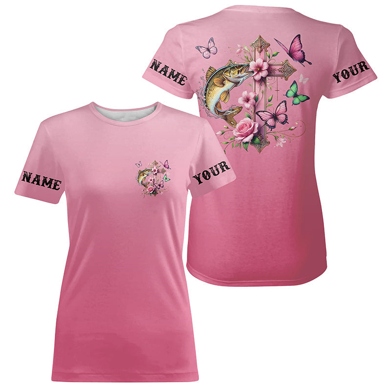 Pink Flower And Butterflies Custom Faith Walleye Fishing T-Shirts For Women IPHW8183