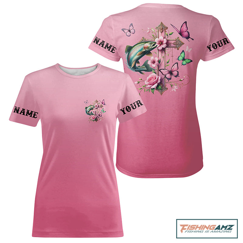 Pink Flower And Butterflies Custom Faith Rainbow Trout Long Sleeve Fishing Shirts For Women IPHW8184