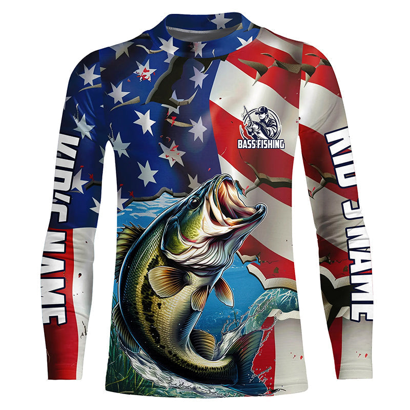 Personalized American Flag Bass Long Sleeve Fishing Shirts, Patriotic Bass Fisherman Jerseys IPHW6099