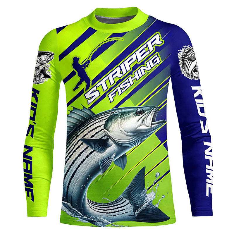 Personalized Striped Bass Fishing Tournament Jerseys, Performance Long Sleeve Shirts In Blue & Green IPHW6624