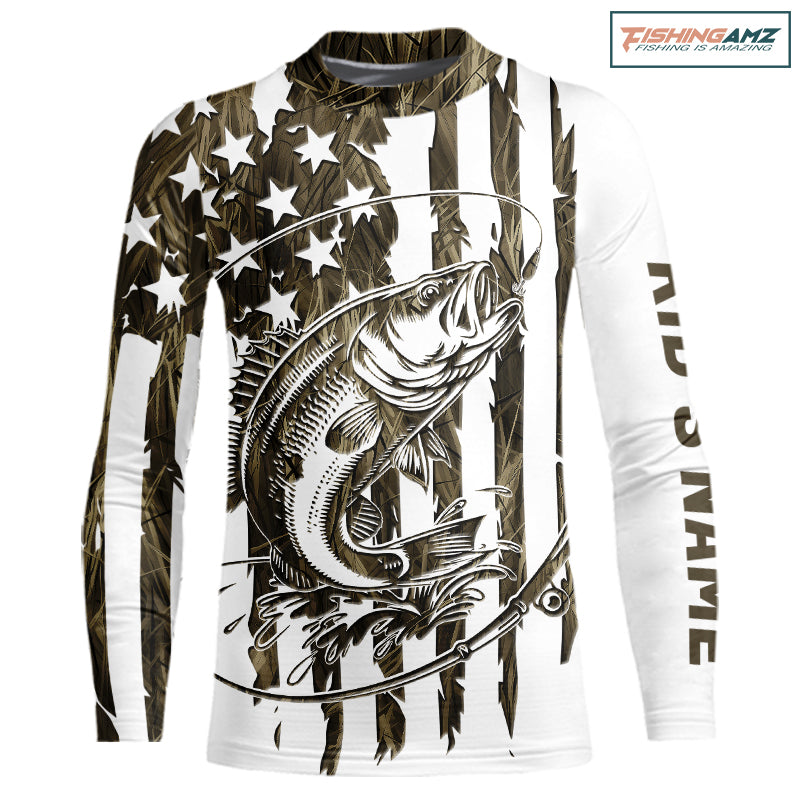 Custom Patrotic Largemouth Bass Kid Long Sleeve Camo Fishing Shirts, Bass US Fishing Shirt IPHW9145
