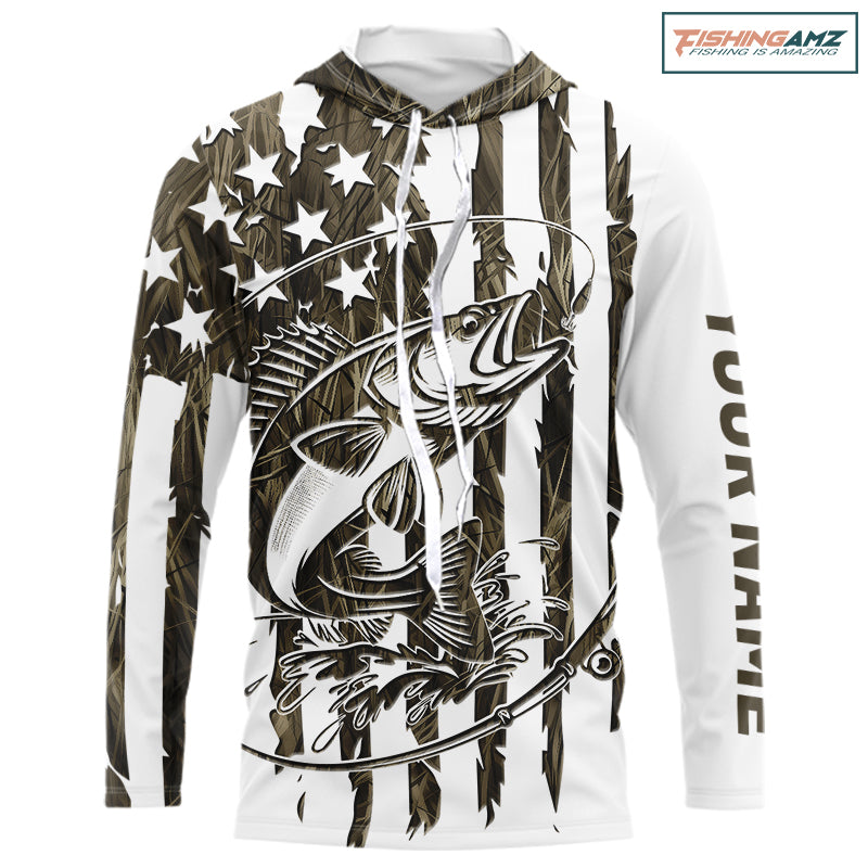 Custom Patrotic Walleye Long Sleeve Hooded Camo Fishing Shirts, Walleye US Fishing Shirt IPHW9146