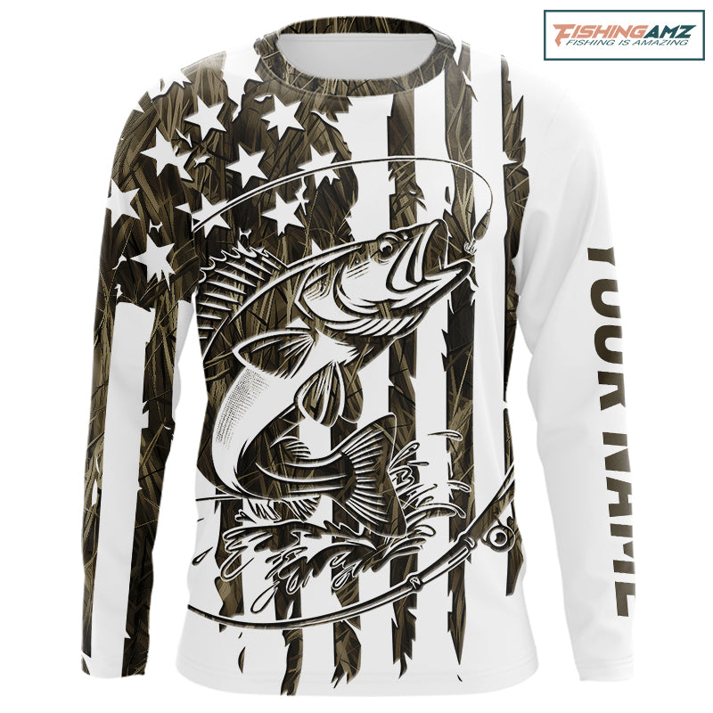 Custom Patrotic Walleye Long Sleeve Camo Fishing Shirts, Walleye US Fishing Shirt IPHW9146