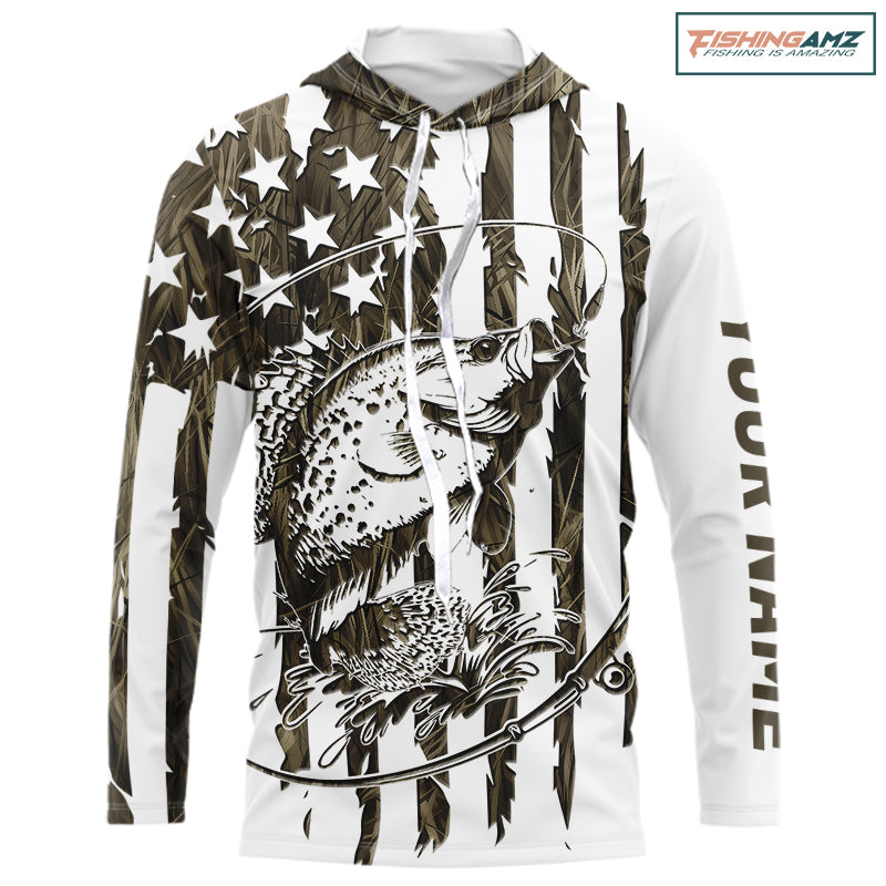 Custom Patrotic Crappie Long Sleeve Hooded Camo Fishing Shirts, Crappie US Fishing Shirt IPHW9147
